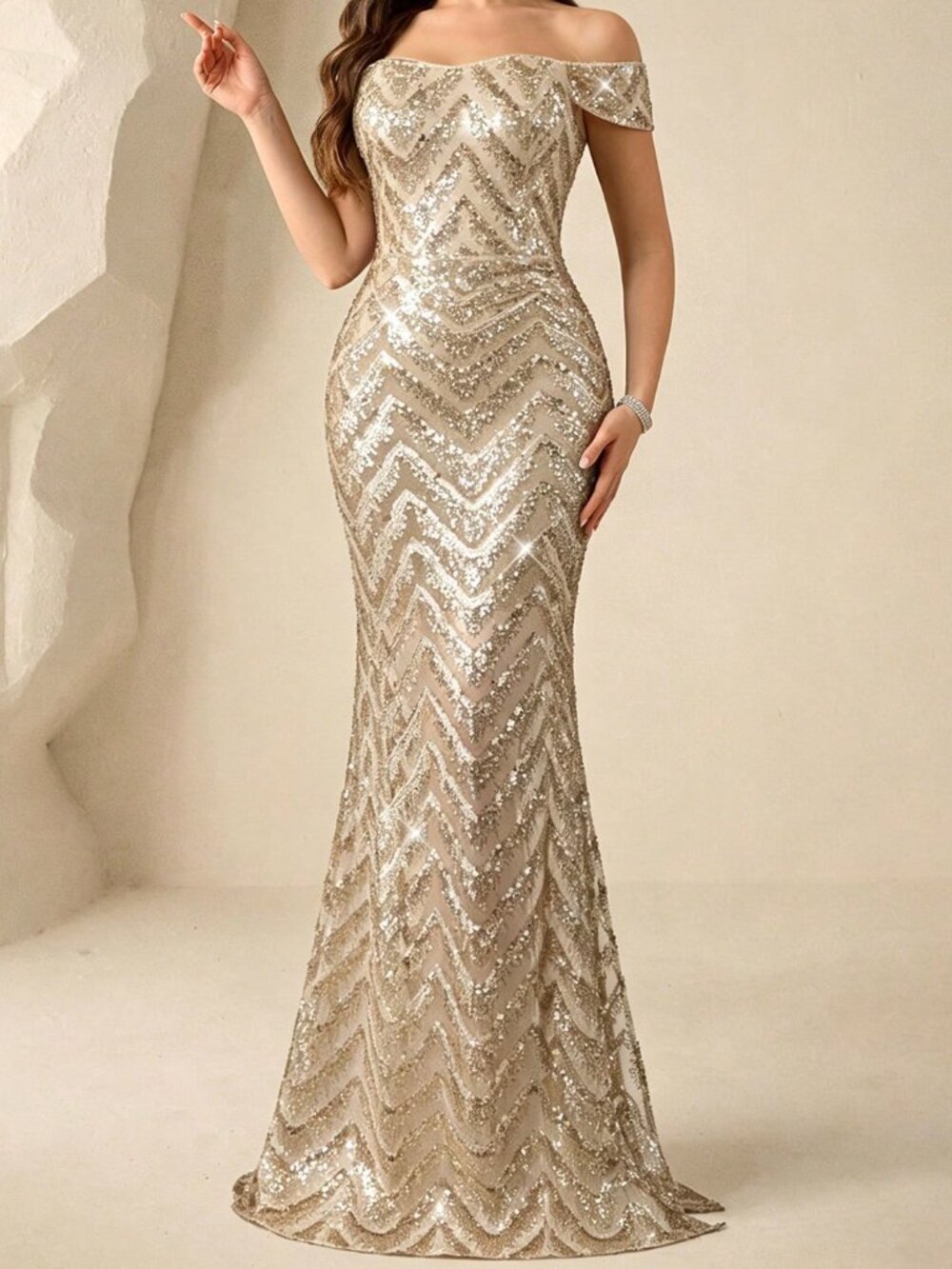 Apricot Party Women's Sequin Off-Shoulder Split Elegant Evening Gown